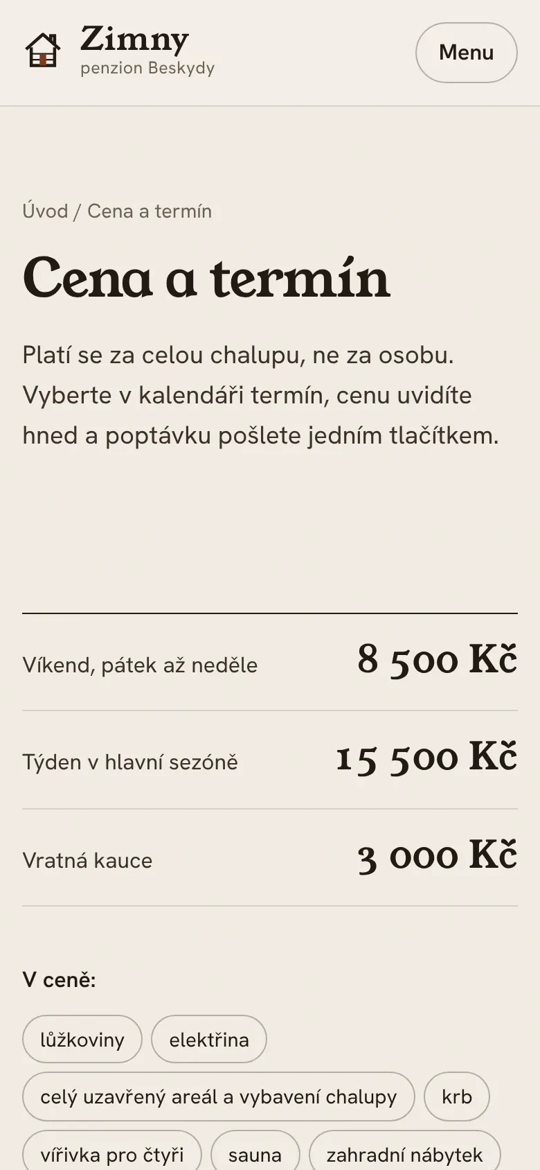 Web Chalupa Zimny na mobilu, obrazovka 3