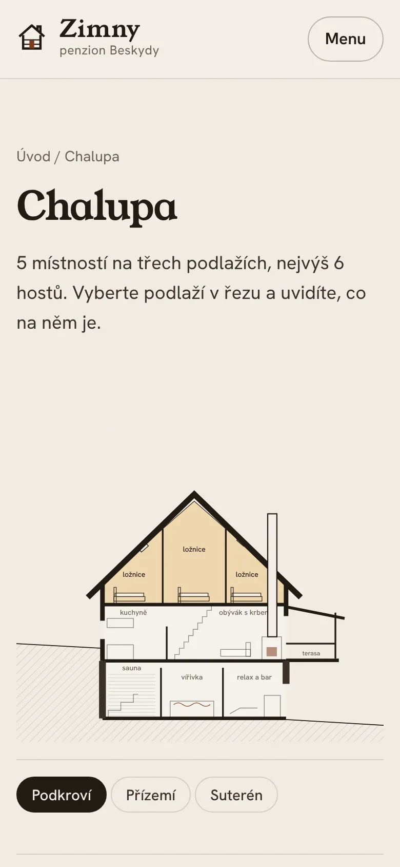 Web Chalupa Zimny na mobilu, obrazovka 2