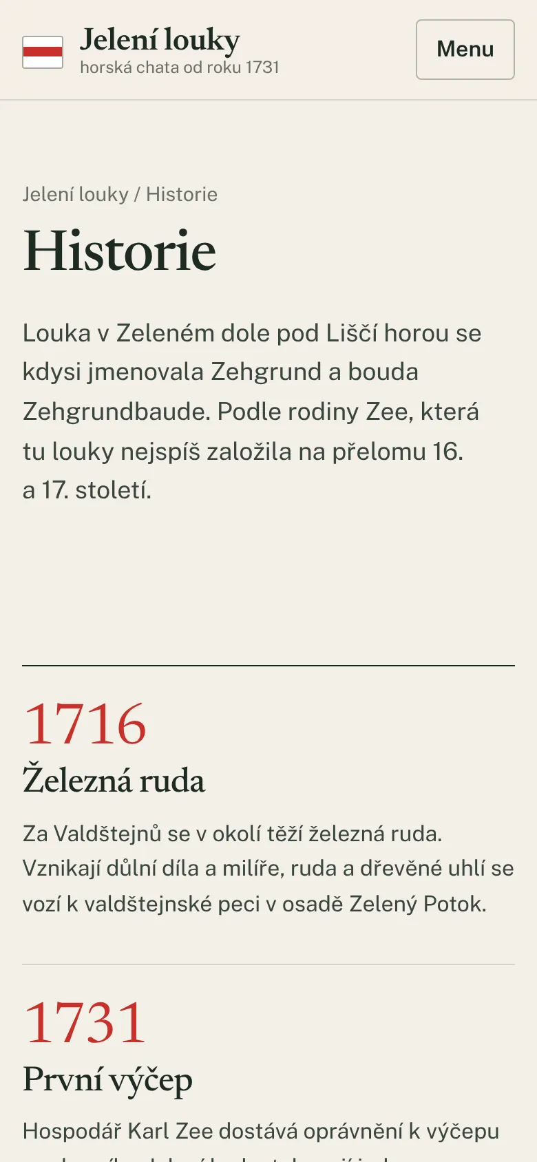 Web Jelení louky na mobilu, obrazovka 2