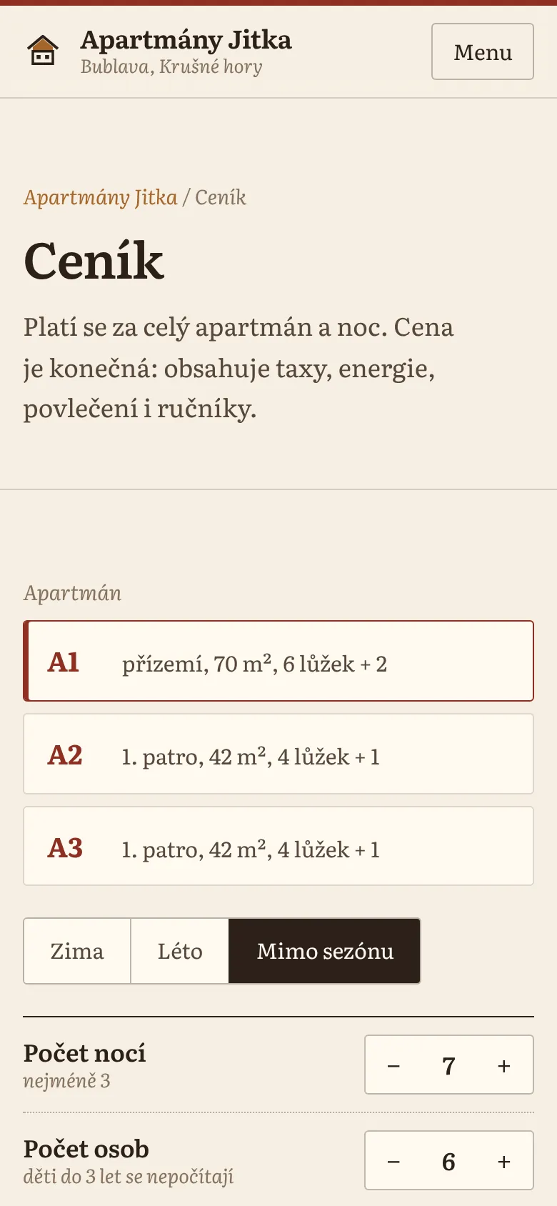 Výpočet ceny na webu Apartmány Jitka v telefonu